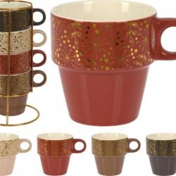 Kinekus Hrnček porcelánový, na kávu, čaj, 280ml, v drôtenom stojane, sada 4 kusov