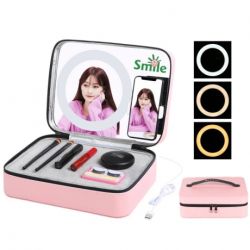 PULUZ PU516F Makeup kufrík s LED svetlom, zrkadlom a držiakom na telefón, ružový (PU516F)