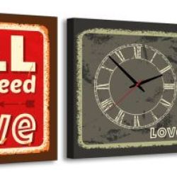3-dielny obraz s hodinami, Love, 35x105cm