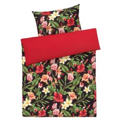 Livarno Home Saténová posteľná bielizeň, 140 x 200 cm  (kvety/červená/biela)