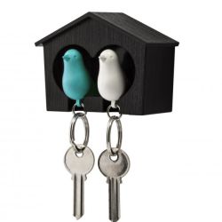 Nástenný držiak s kľúčenkami Qualy Duo Sparrow, hnedá búdka/ biela + modrá kľúčenka