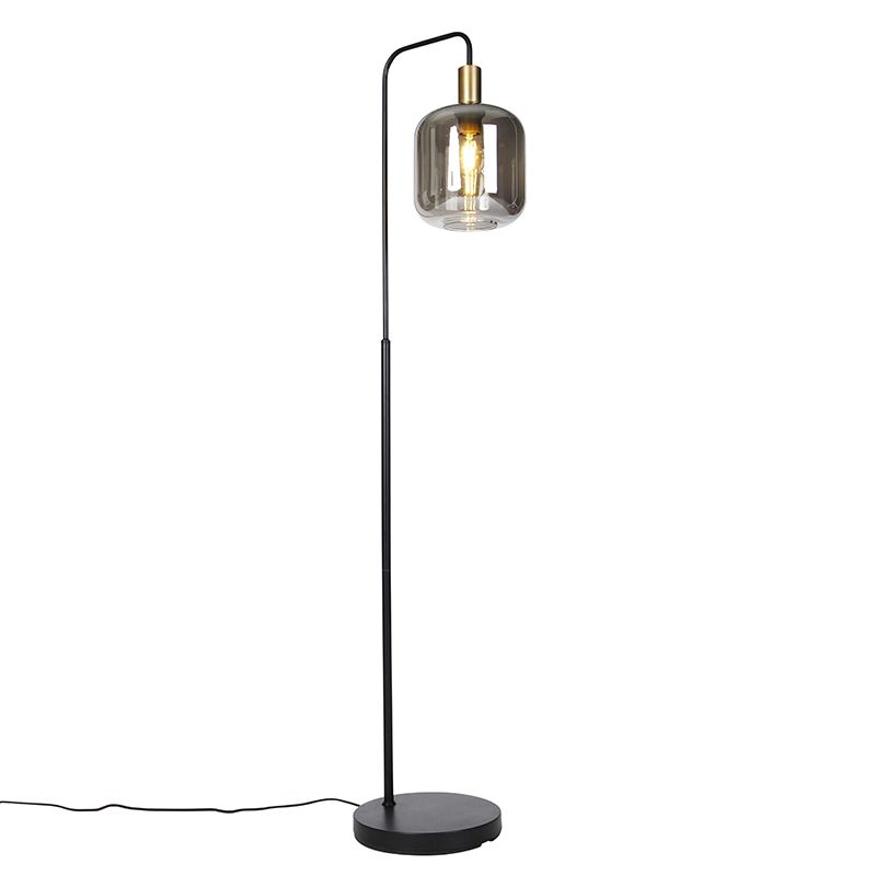Dizajnová stojaca lampa čierna so zlatou s dymovým sklom - Zuzanna