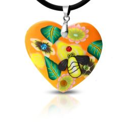Fimo náhrdelník - oranžové srdce s kvetmi a včelička S17.24