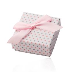 Biela darčeková krabička na prstene alebo náušnice, ružové a sivé bodky, mašlička Y35.16