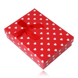 Červená darčeková krabička na set alebo náhrdelník - biele srdiečka, ozdobná mašlička Y06.06