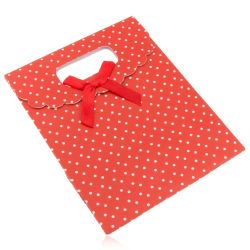 Červená darčeková taštička z papiera s bielymi bodkami, červená mašľa U25.9