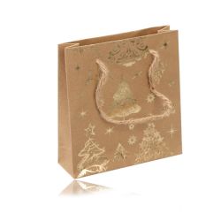Darčeková taška z papiera - hnedo zlatej farby, vianočný motív, šnúrky Y55.20