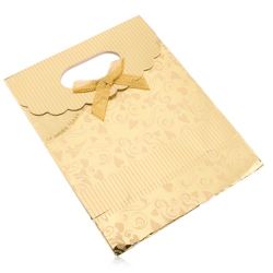 Darčeková taštička z papiera, lesklý povrch zlatej farby, srdiečka, špirály, pásiky U24.7