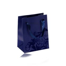 Malá papierová taštička na darček, matný povrch v modrom odtieni, zamatový ornament  Y31.05