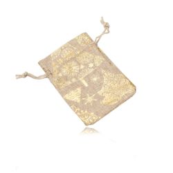 Šperky Eshop - Látkové vrecúško na darček hnedej farby - vianočný motív v zlatom farebnom prevedení, šnúrky  Y17.15