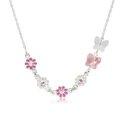 Šperky Eshop - Detský náhrdelník zo striebra 925 - kvietky s ružovou a bielou glazúrou, motýliky zo syntetických kryštálov G19.05