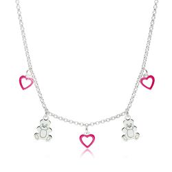 Šperky Eshop - Detský strieborný 925 náhrdelník - kontúry srdiečok s ružovou glazúrou a lesklé medvedíky Z23.20