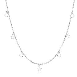 Šperky Eshop - Dlhý strieborný 925 náhrdelník - tenká retiazka, hviezdičky, kolieska, perový krúžok U11.01