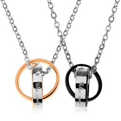 Šperky Eshop - Dva oceľové náhrdelníky, dvojfarebné prepojené obrúčky, nápisy, zirkóny Z28.19
