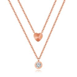 Šperky Eshop - Dvojitý oceľový náhrdelník - srdiečko a číry zirkón v objímke, medená farba S78.03