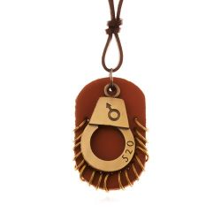 Šperky Eshop - Kožený náhrdelník - nastaviteľný, putá s číslom, hnedá známka s kruhmi Z19.01