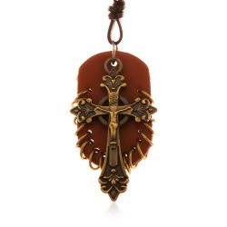 Šperky Eshop - Kožený náhrdelník, prívesky - hnedý ovál s malými krúžkami a keltský kríž Z18.05