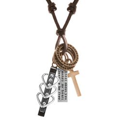 Šperky Eshop - Náhrdelník s príveskami - čierny pás so srdiečkami a zirkónmi, kríž, známka, obruče Y42.01