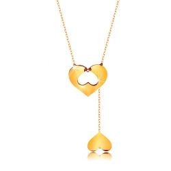 Šperky Eshop - Náhrdelník v 9K zlate - jemná retiazka, srdce s výrezom a visiace obrátené srdiečko S3GG194.15