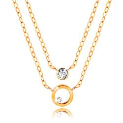 Šperky Eshop - Náhrdelník v žltom 14K zlate - dvojitá retiazka, obruč a číry zirkón S1GG208.10