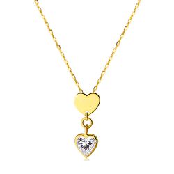 Šperky Eshop - Náhrdelník v žltom 14K zlate - lesklé symetrické srdiečko a číre zirkónové srdiečko S2GG70.23
