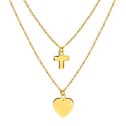 Šperky Eshop - Náhrdelník v žltom 14K zlate - lesklé symetrické srdiečko a kontúra krížika GG70.21