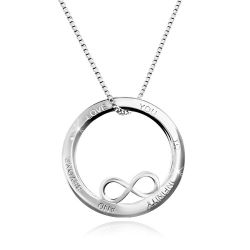 Šperky Eshop - Strieborný 925 náhrdelník - kontúra kruhu so symbolom nekonečna, nápis, hranatá retiazka R33.07