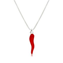 Strieborný 925 náhrdelník - chilli paprička s červenou glazúrou, lesklá hranatá retiazka Z03.05