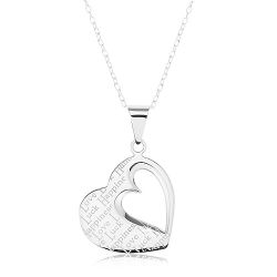 Strieborný náhrdelník 925, prívesok - ploché srdce s výrezom a nápismi AC16.19