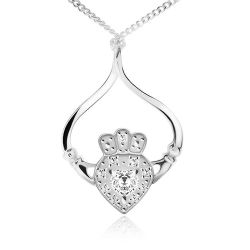 Strieborný náhrdelník 925, retiazka, srdce, korunka, ruky, číre zirkóny S49.26