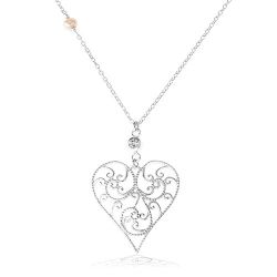 Strieborný náhrdelník 925, vypuklé srdce zdobené filigránom, číry zirkón SP47.15