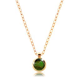 Zlatý náhrdelník 585 - okrúhly olivovo zelený zirkón, lesklá retiazka z oválnych očiek S1GG208.43