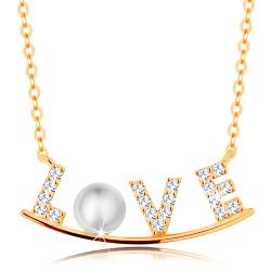 Zlatý náhrdelník 585 - zirkónový nápis LOVE na lesklom oblúku, biela perla GG139.25