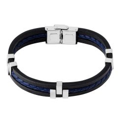 Čierny kožený náramok - modrý pletenec v strede, kovové posuvné články S65.02