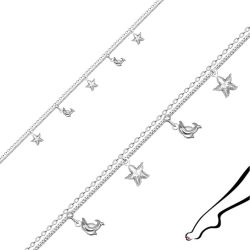 Náramok na členok z 925 striebra - zdvojená retiazka, zdobená delfínmi a hviezdicami A17.06