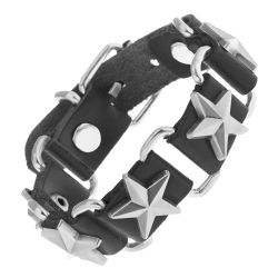 Šperky Eshop -  Náramok z čiernej syntetickej kože a oceľových oválov, hviezdy Y43.14