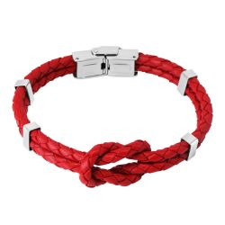 Šperky Eshop - Červený kožený náramok - uzol z dvoch pletencov, kovové svorky, hodinkové zapínanie S34.12