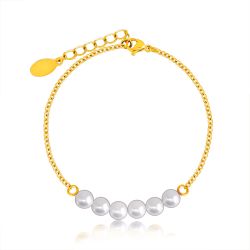 Šperky Eshop - Guličkový náramok v perleťovej farbe, jemná oceľová retiazka v zlatom odtieni S41.06