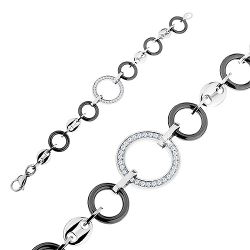Šperky Eshop - Náramok z čiernych keramických kruhov a oceľových článkov, číre zirkóny Z3.19