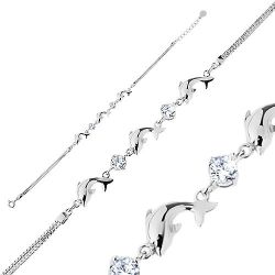 Šperky Eshop - Náramok zo striebra 925, dvojitá retiazka, lesklé delfíny, číre ligotavé zirkóniky R37.2