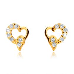 Šperky Eshop - Asymetrické náušnice zo žltého 14K zlata, srdce so slzičkou, číre zirkóny, puzetky S4GG249.09