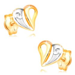 Šperky Eshop - Briliantové náušnice v žltom a bielom 14K zlate - srdce s výrezmi a diamantom BT502.23