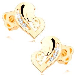 Šperky Eshop - Diamantové náušnice v žltom 14K zlate - srdce z dvoch tvárí, číre brilianty BT502.12
