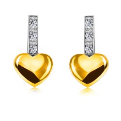 Šperky Eshop - Diamantové náušnice z 9K kombinovaného zlata - pásik s briliantmi, hladké srdce, puzetky S3BT509.43