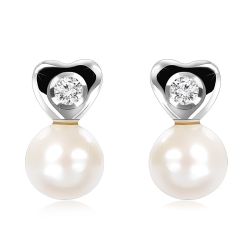 Šperky Eshop - Diamantové náušnice z bieleho 14K zlata - drobné srdce, číry briliant, biela perla  S3BT509.92