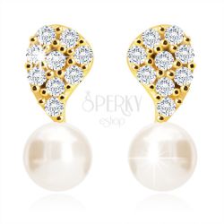 Šperky Eshop - Diamantové náušnice zo 14K zlata - obrátená slzička, číre brilianty, sladkovodná biela perla BT506.26
