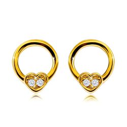 Šperky Eshop - Diamantové náušnice zo žltého 9K zlata - úzky krúžok s malým srdcom, okrúhle diamanty S3BT509.13