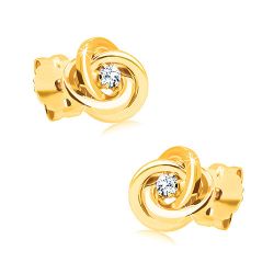 Šperky Eshop - Diamantové náušnice zo žltého zlata 585 - uzol z troch prstencov, číry briliant BT502.28