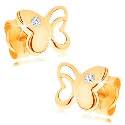 Šperky Eshop - Diamantové zlaté náušnice 585 - lesklý motýľ s vyrezávanou časťou, číry briliant BT500.12
