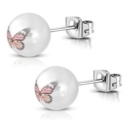Šperky Eshop - Náušnice z ocele 316L, perleťovo biele akrylové guličky s farebným motýľom SP28.13